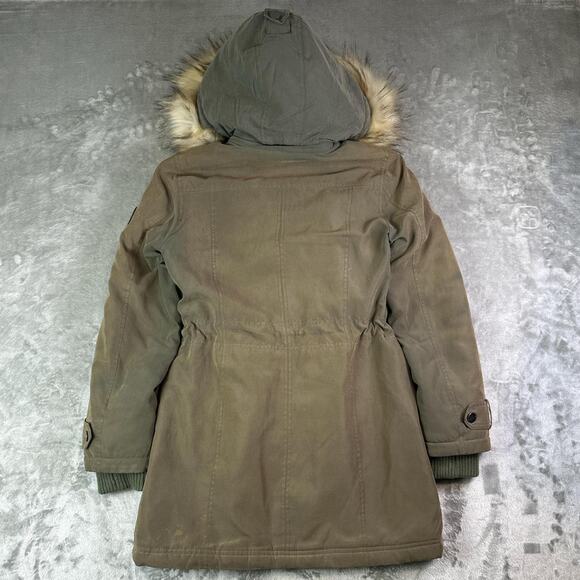 DKNY Womens Full Zip Lined Faux Fer Trim Hooded Military Coat Green Size XS - Picture 2 of 8